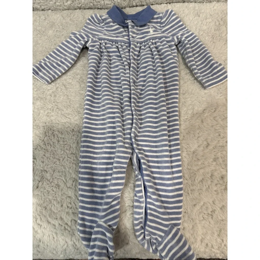 EUC Polo Ralph Lauren Blue & White Striped Velour Footie Size 6M Perfect Cond